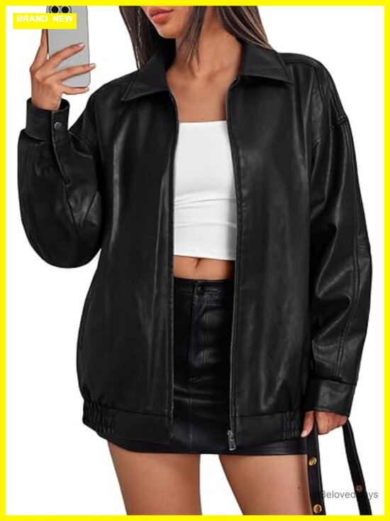 Jackets & Blazers - Oversized Faux Leather Moto Bomber Jacket for Spring Fall Layering